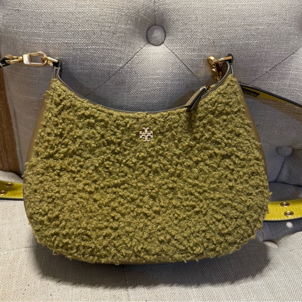 Tory Burch Moss Green Leather and Textured Shoulder Bag